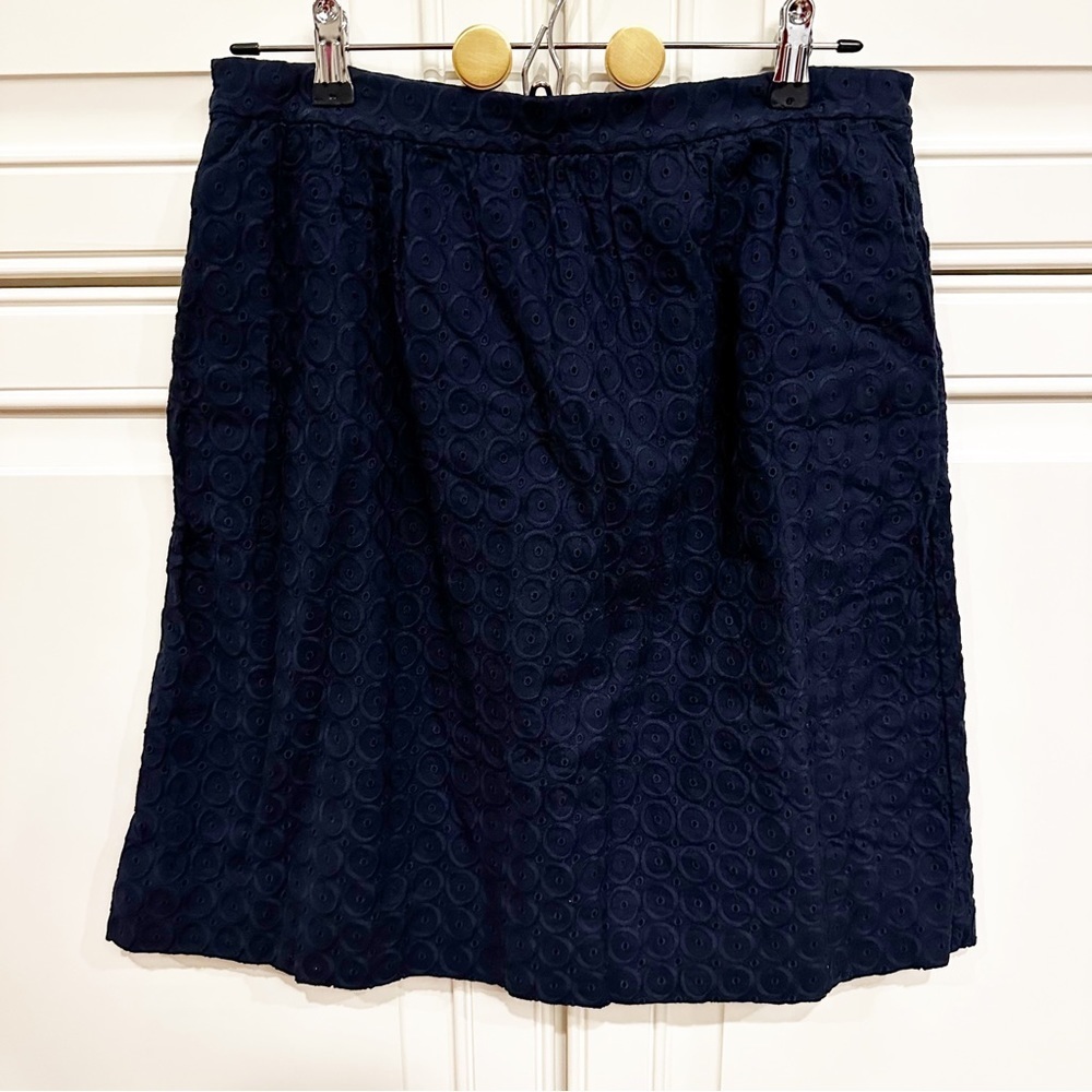 J.Crew Factory Women’s Navy Eyelet Knee Length Skirt Lined Pockets A Line Size 8